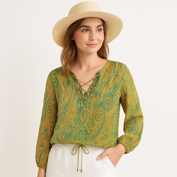 ZARA Sheer Boho Paisley Blouse Lace-Up Peasant Top (M) Green/Gold, Festival - Picture 3 of 9